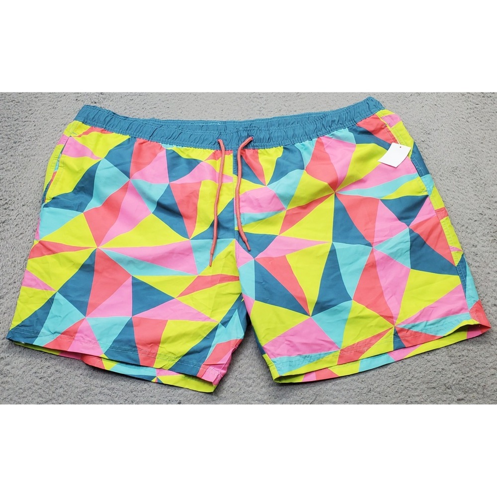 Mad Engine Swim Shorts Men 2XL Multi Geometric Swimwear Thermal Lined Drawstring